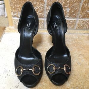 Gucci peep toe, shimmery charcoal heels