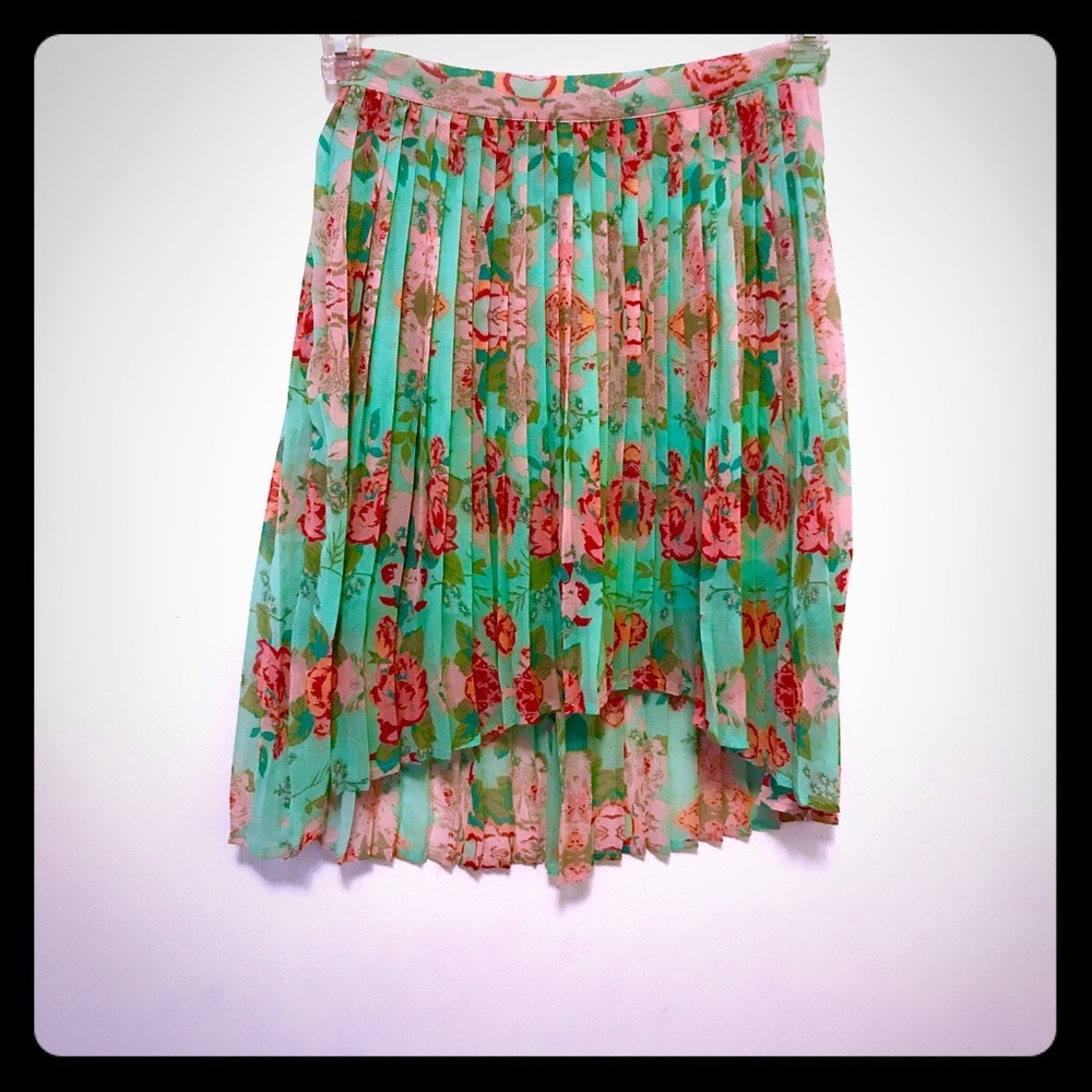 Accordion Pleat Hi-Low Turquoise/Pink Floral Skirt