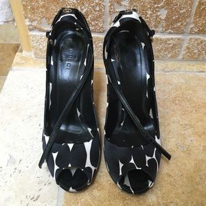 Gucci black and white, ankle strap heels