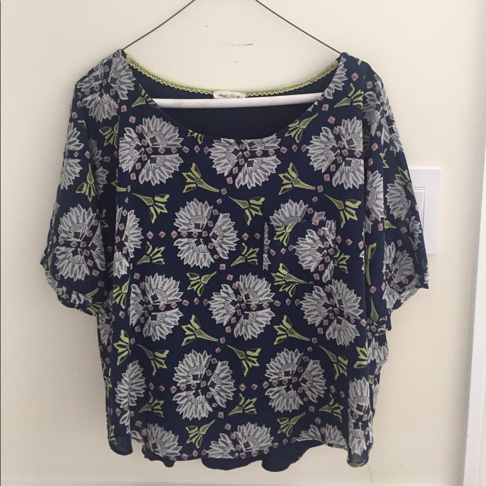 Anthropologie blue yellow print blouse