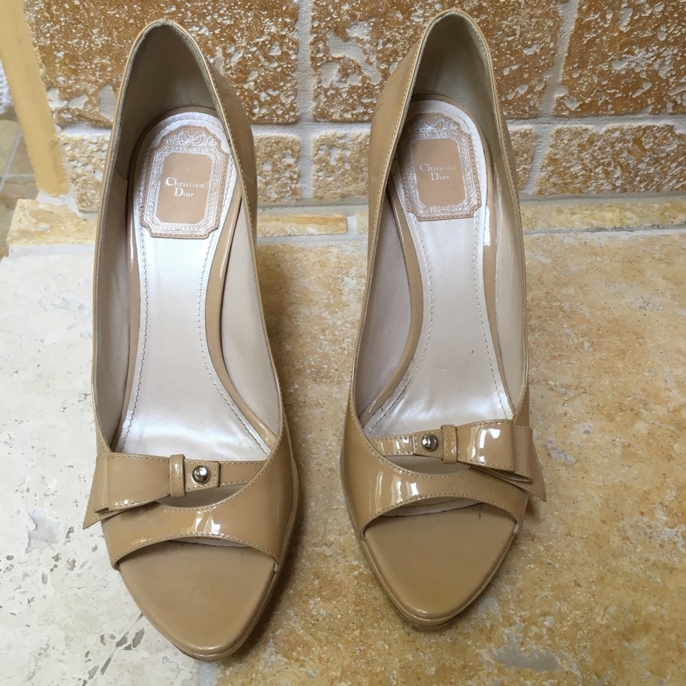 Christian Dior, tan, peep toe heels