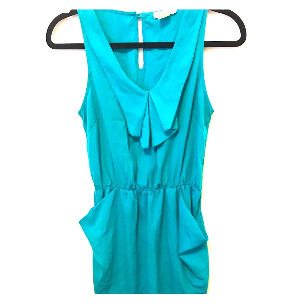 Turquoise Ruffle Pocket Cinched Waist Dress
