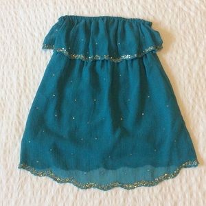 Aqua strapless top with gold details