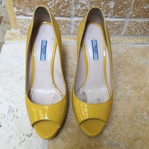 Prada, yellow, peep toe pumps