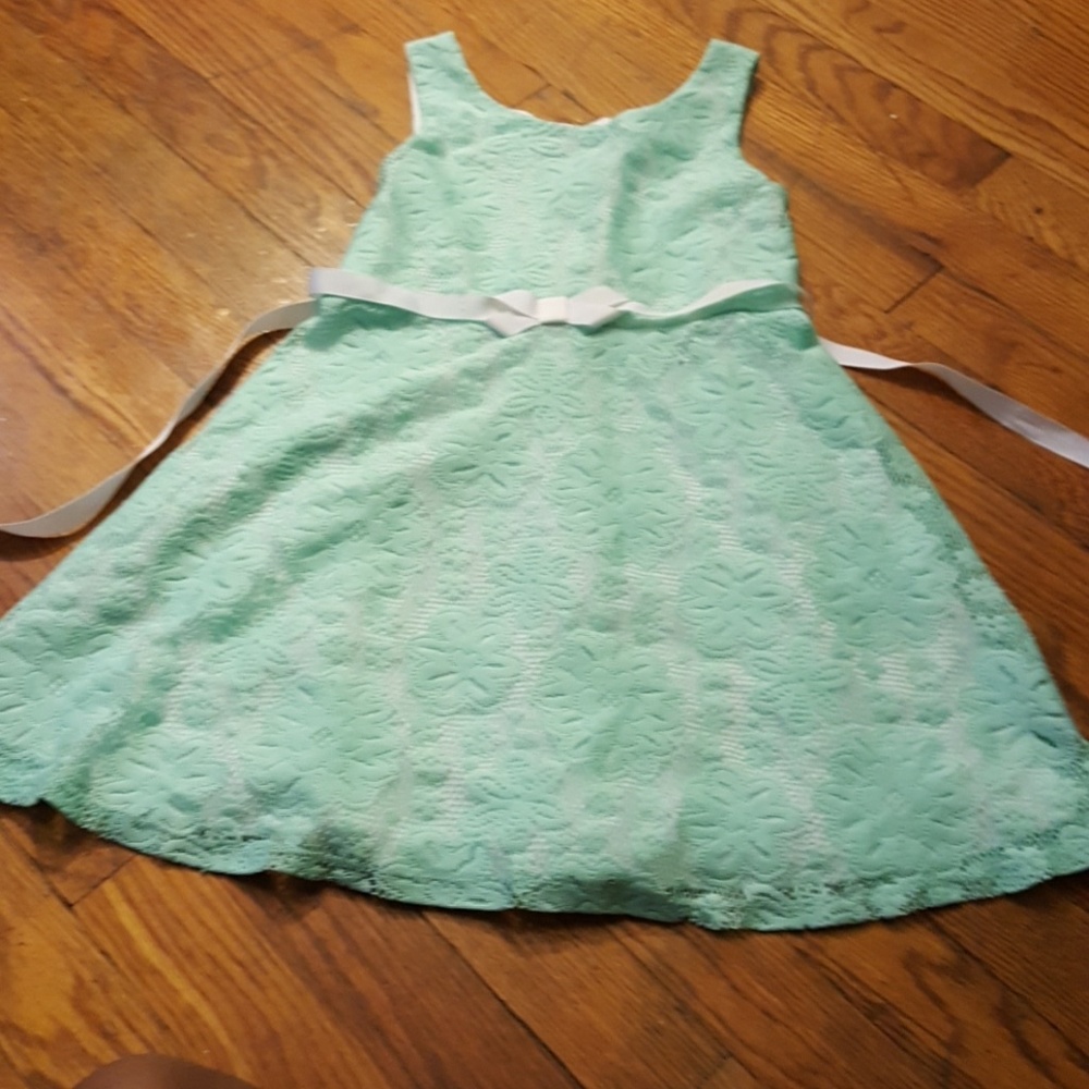 Green and white floral lace sheer dress w/ bow