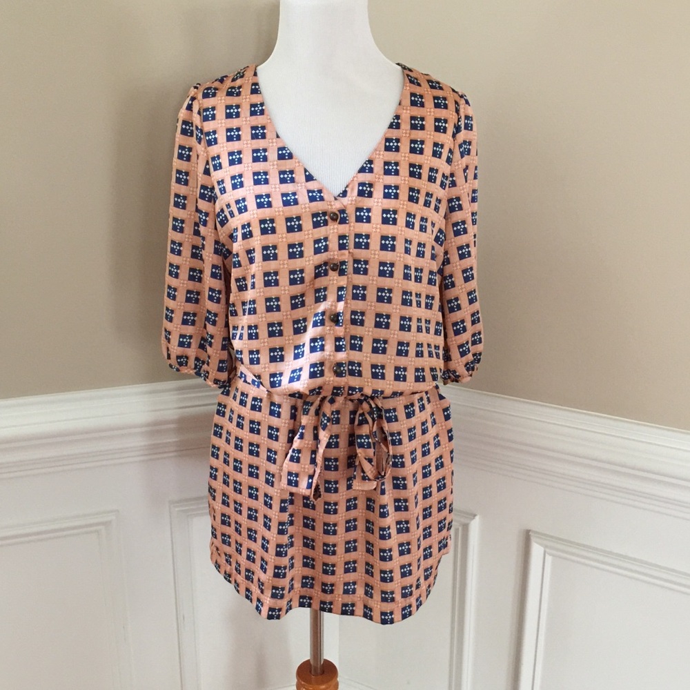 Orange & Blue dress w 3/4 sleeves & belt size S