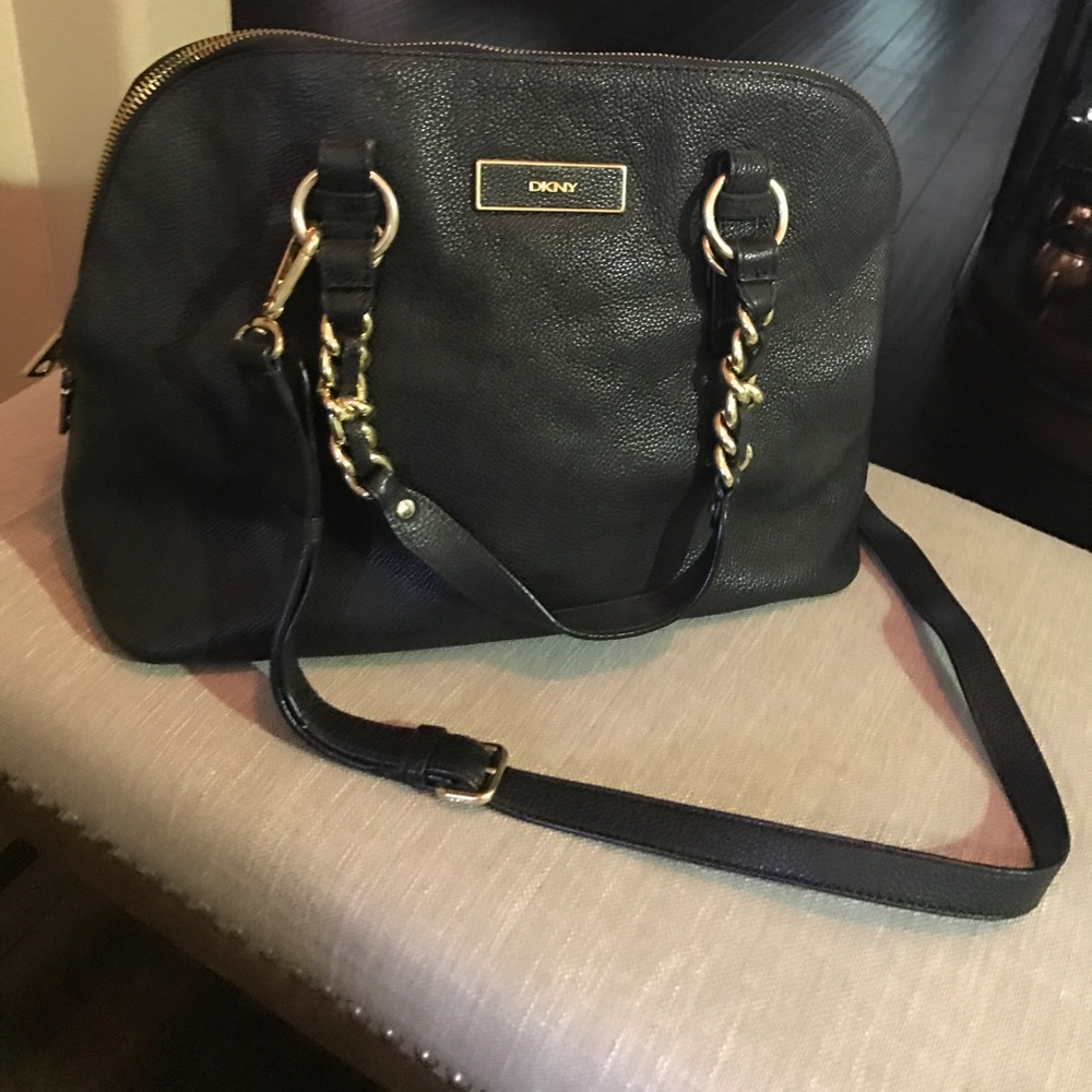 DKNY Black Peppled Leather with Gold Accent Purse