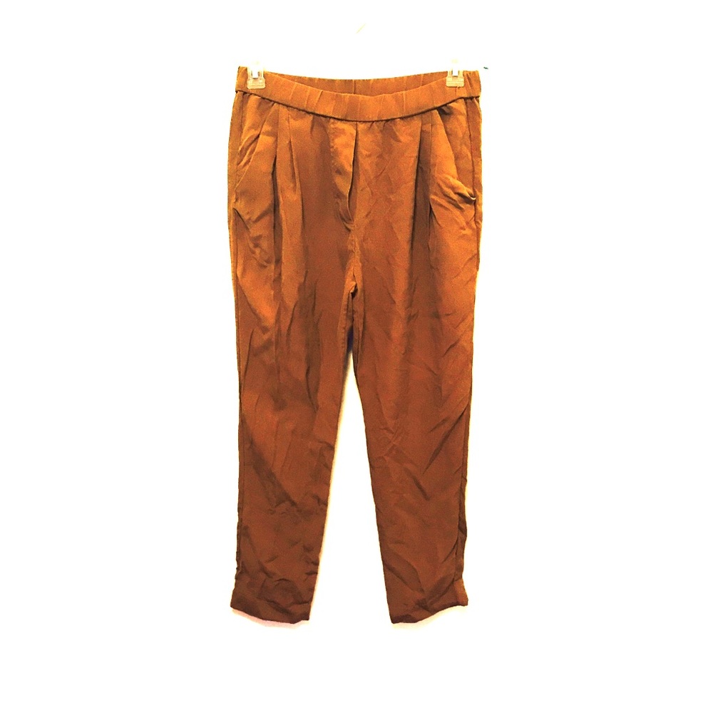 Women's Tan Silk Pleated Loose Fit Pants