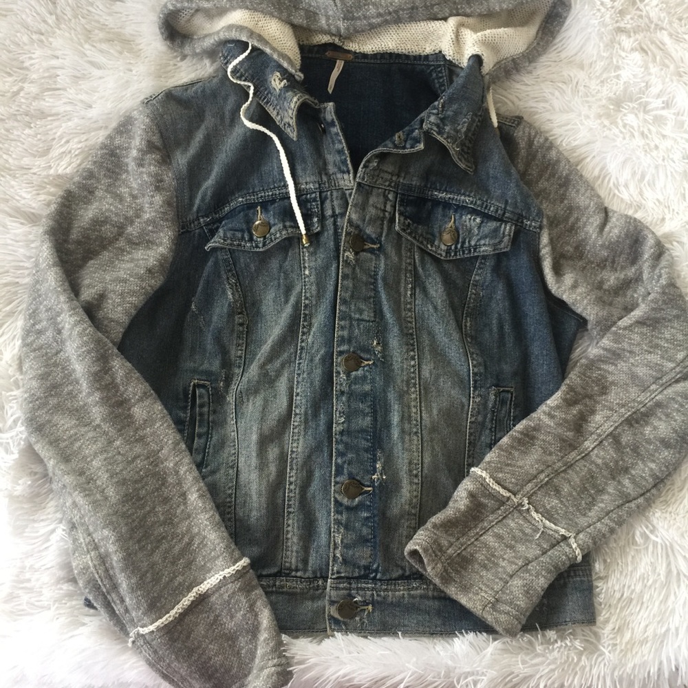 Free people denim jacket with sweatshirt sleeves