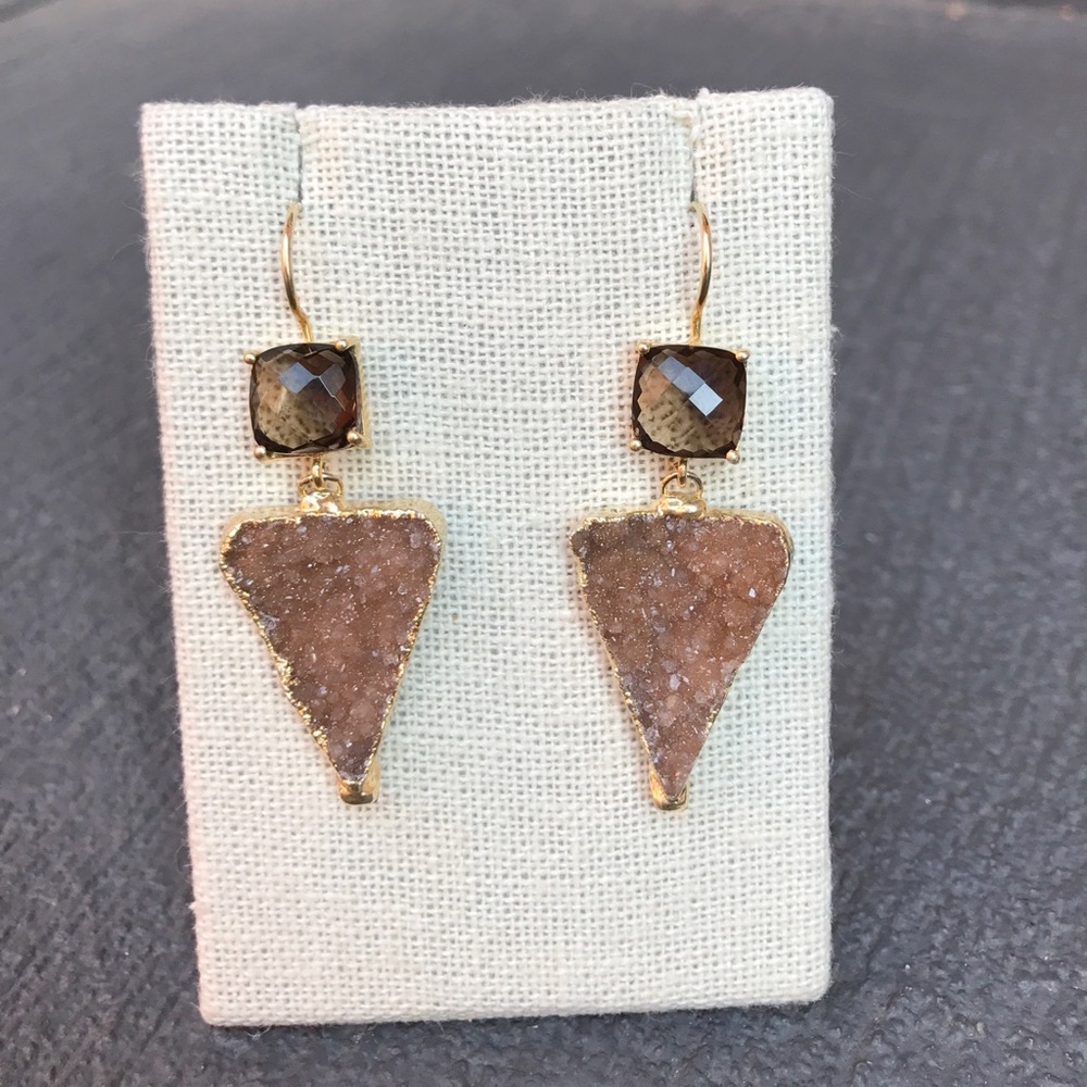 Smokey Quartz and Druzy gold plated wire back Earrings