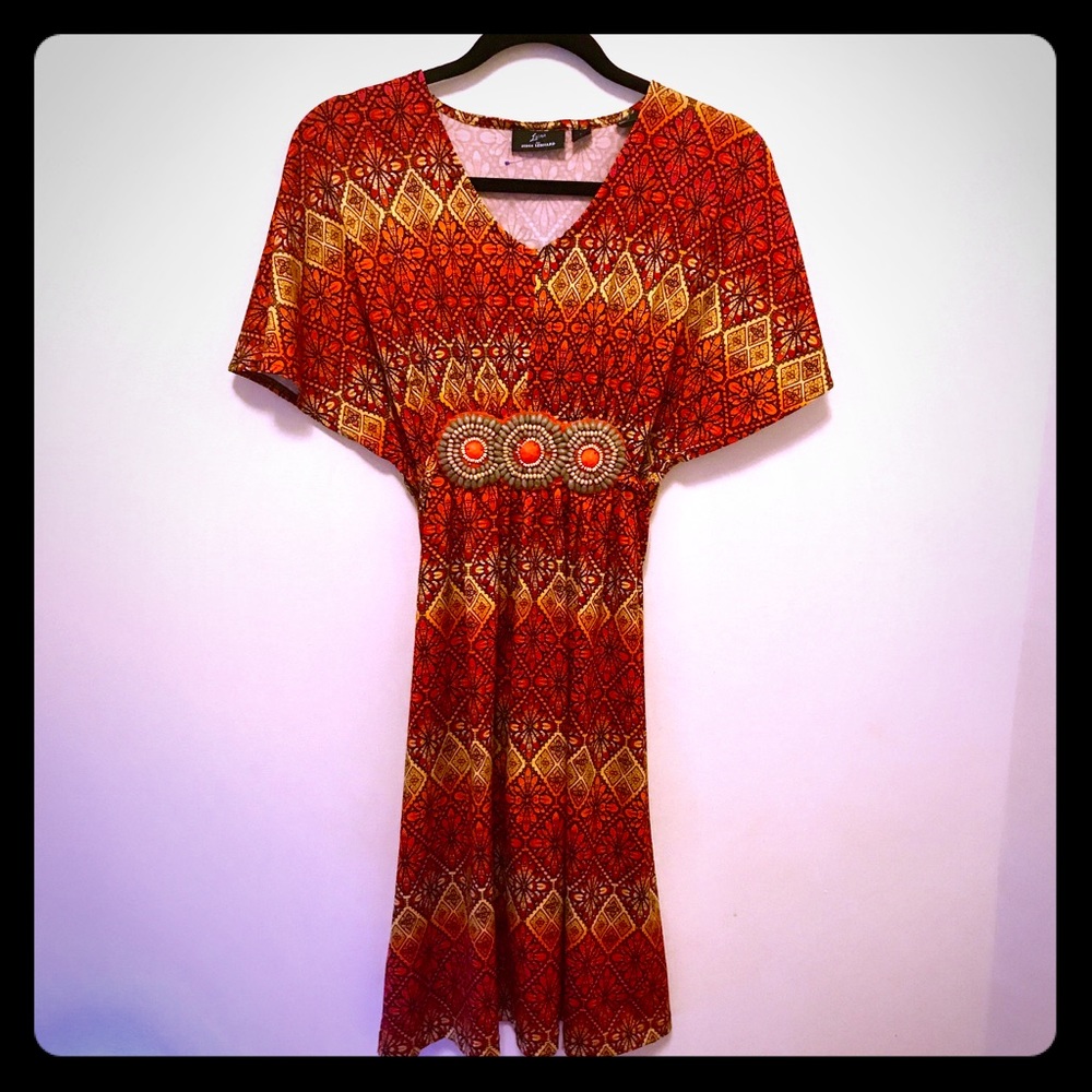 Sunset Tribal print Beaded Waist Tie-Back Dress