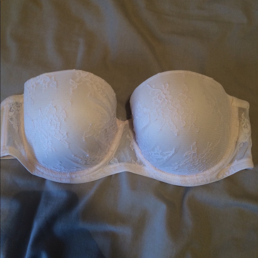 Pink lace strapless bra