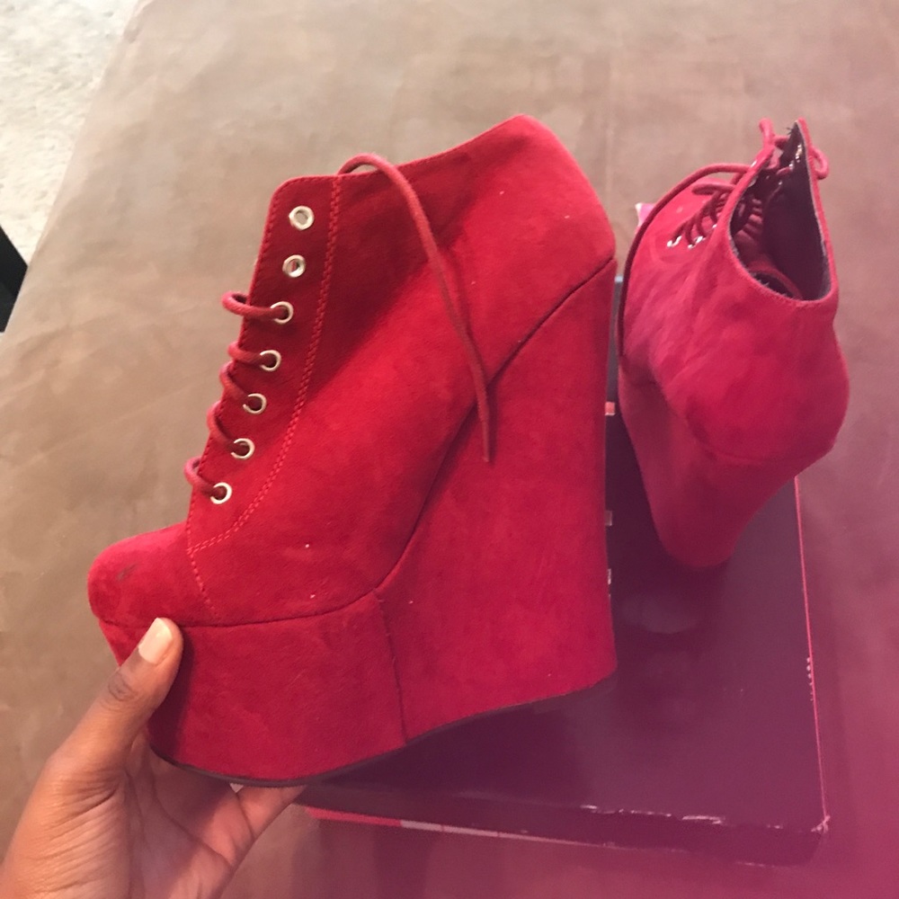 Red Lace Up Wedge Booties