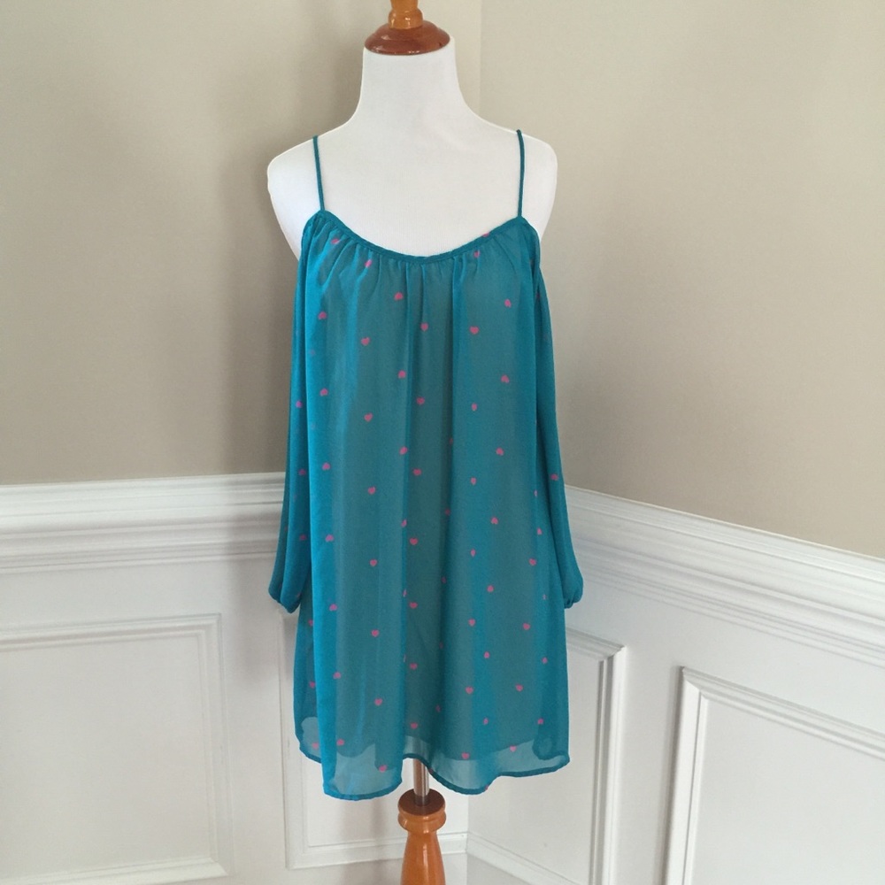 Teal w/pink hearts cold shoulder dress size S