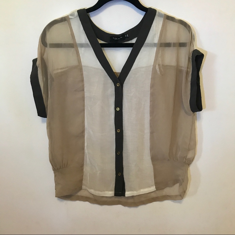 Loose Tan and White Sheer Loose Button-Down Blouse