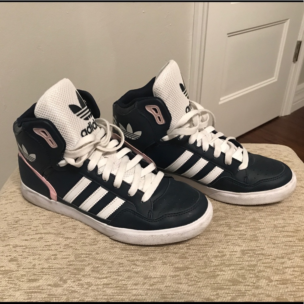 Adidas high tops. Dark blue with pink.