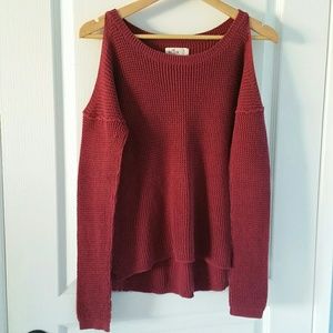 Burgundy Waffle Knit Cold Shoulder Sweater