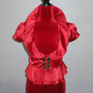 Unique Rockabilly Red Satin Shirt w/Tie, Ruffles