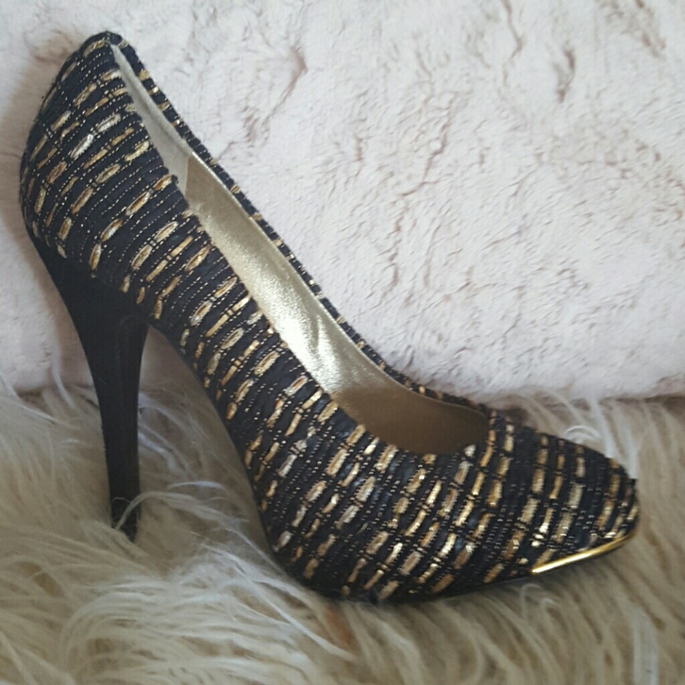 DEVI KROELL tweed black gold suede heel 38