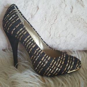 DEVI KROELL tweed black gold suede heel 38