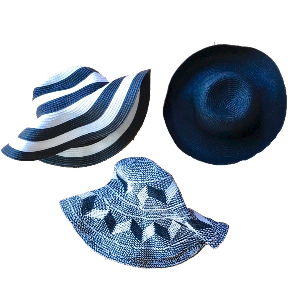 [BUNDLE] 3 Set Black White Straw Floppy Panama Hat