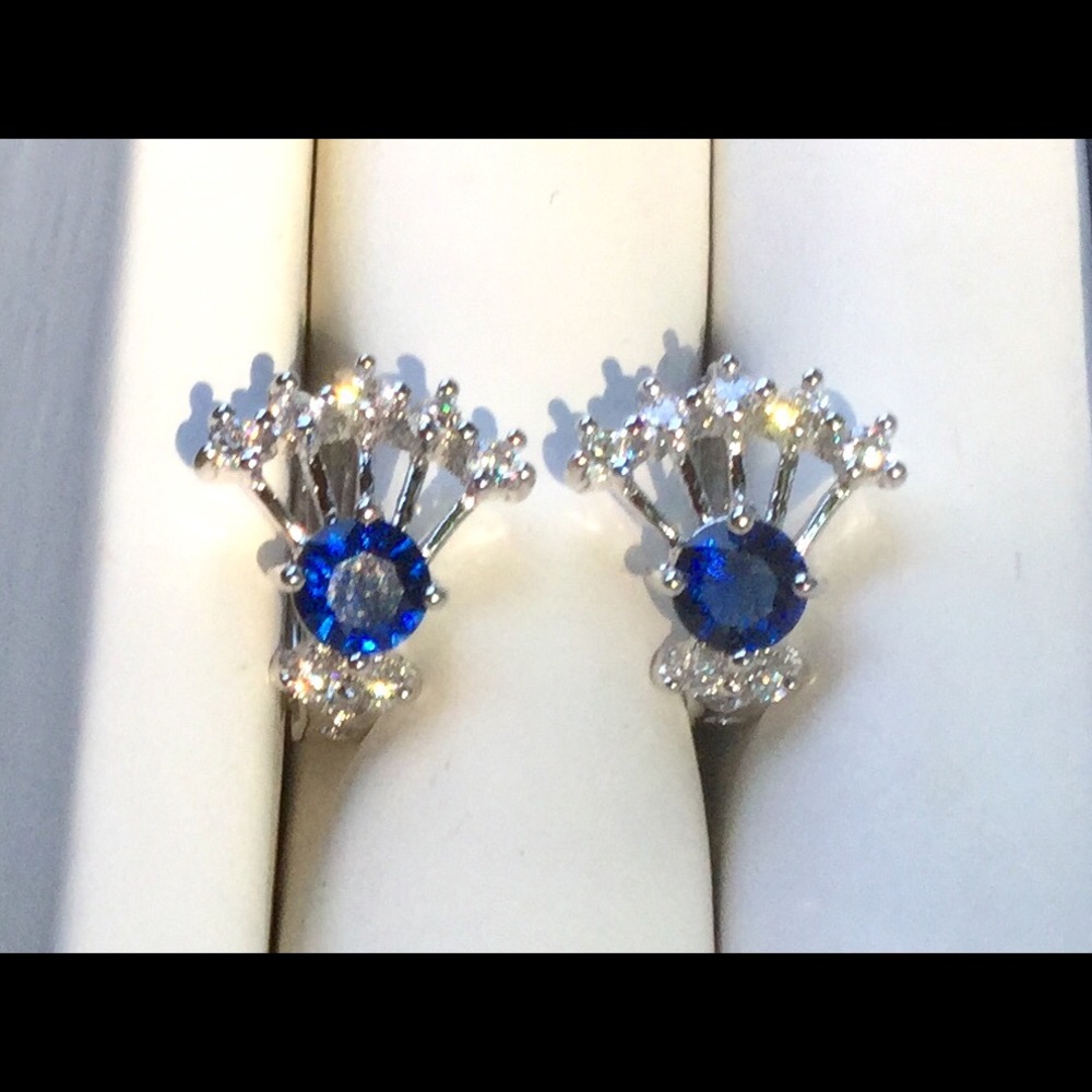 SOLD. Blue Sapphire and CZ solid 9K White Gold Earrings - Picture 1 of 4