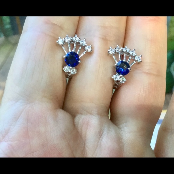 Blue Sapphire and CZ solid 9K White Gold Earrings - Picture 3 of 4