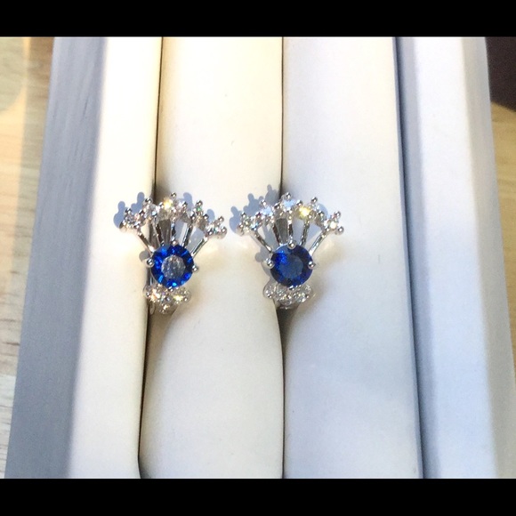 Blue Sapphire and CZ solid 9K White Gold Earrings - Picture 2 of 4