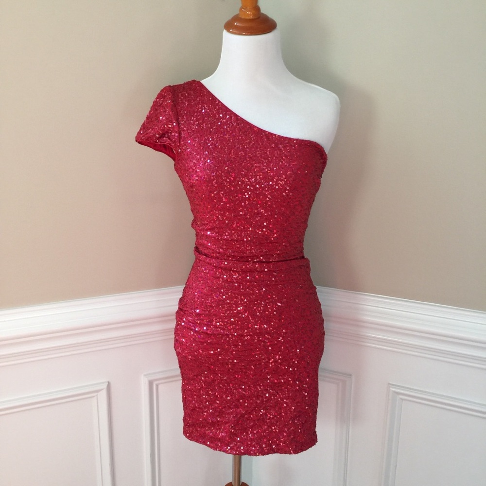 Red one shoulder sequin mini dress size XS