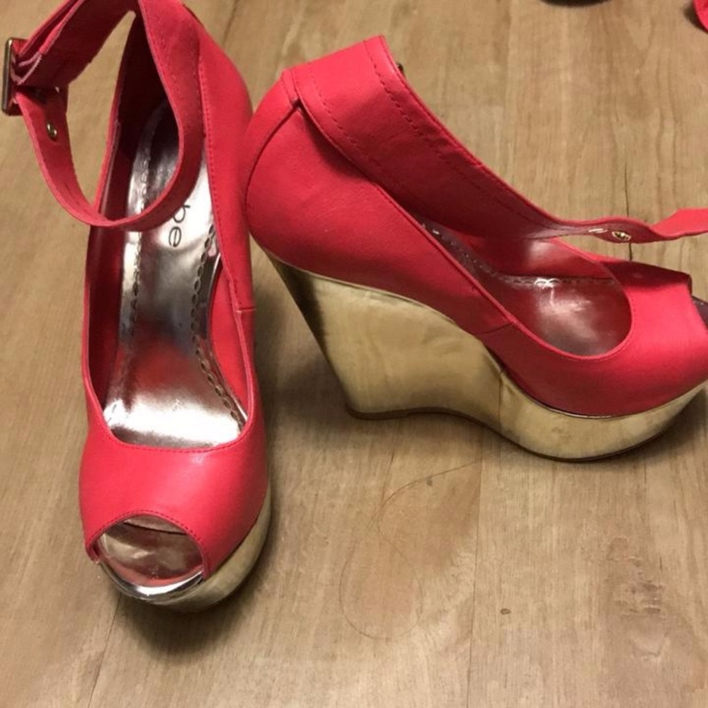 Bebe coral and gold wedge heels