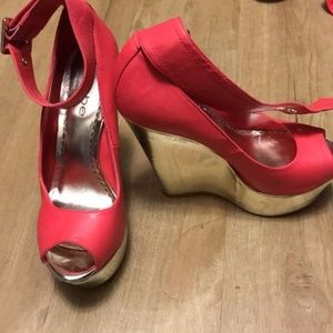 Bebe coral and gold wedge heels