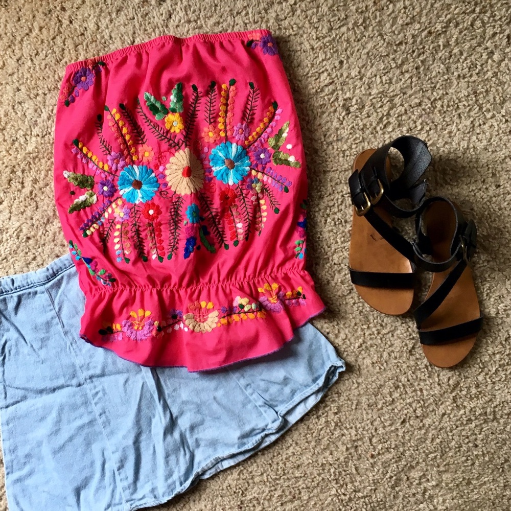 Strapless floral embroidered Mexican inspired top