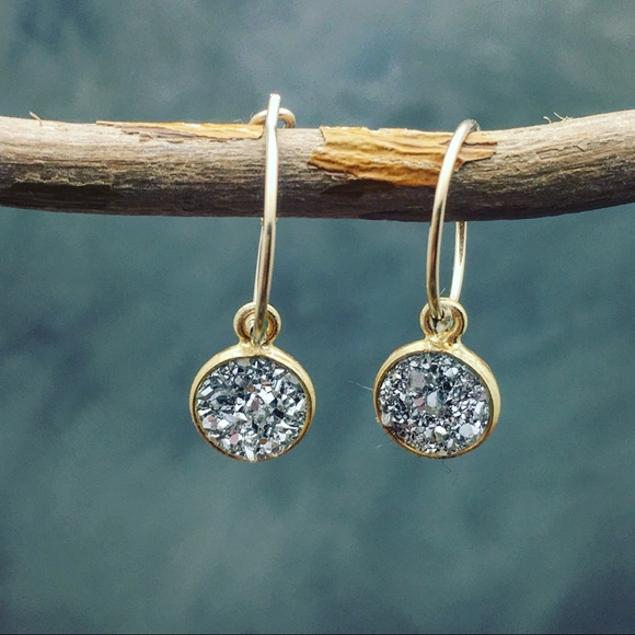 Delicate Pyrite Druzy hoops - Picture 2 of 5