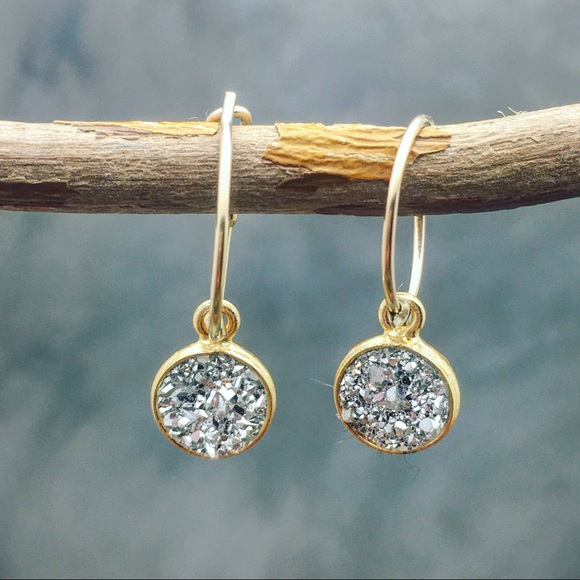 Delicate Pyrite Druzy hoops - Picture 3 of 5