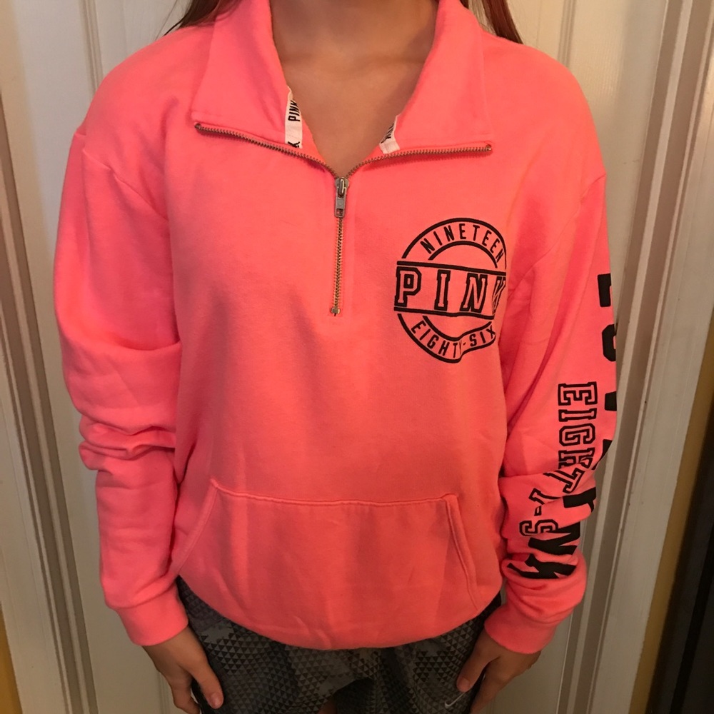 PINK fleece quarter zip. Design on sleeve too
