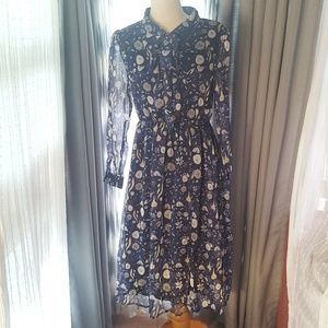Navy Blue Bird Print Chiffon Dress