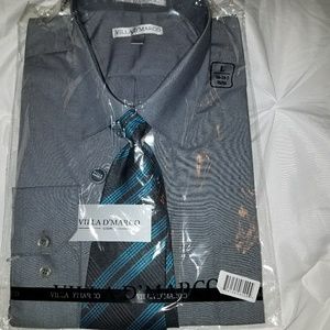 Gray long sleeve button down shirt with tie