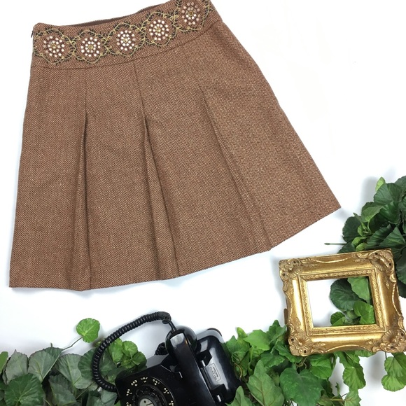 Ann Taylor Loft Skirt 4P brown Embroidery pleated - Picture 1 of 5