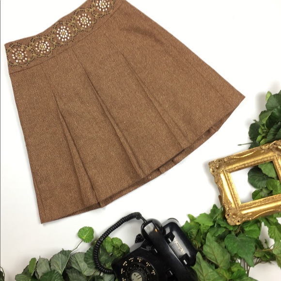 Ann Taylor Loft Skirt 4P brown Embroidery pleated - Picture 5 of 5