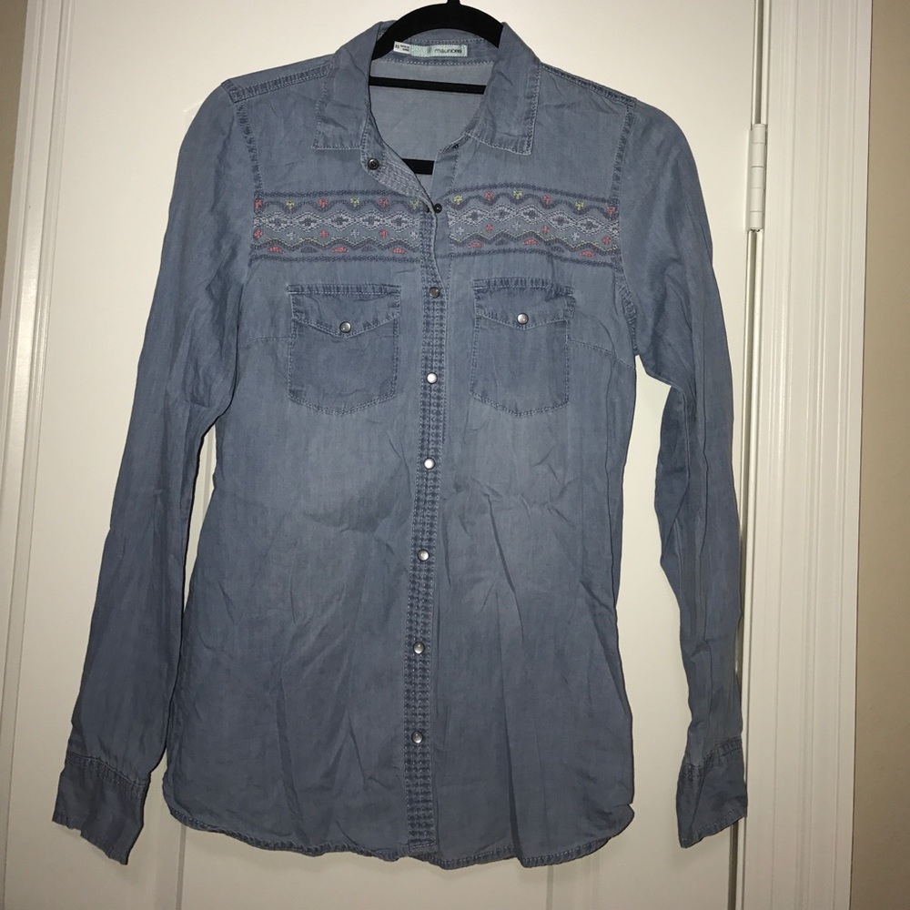 Maurices Pearl Snap Denim Shirt with Stitch Detail