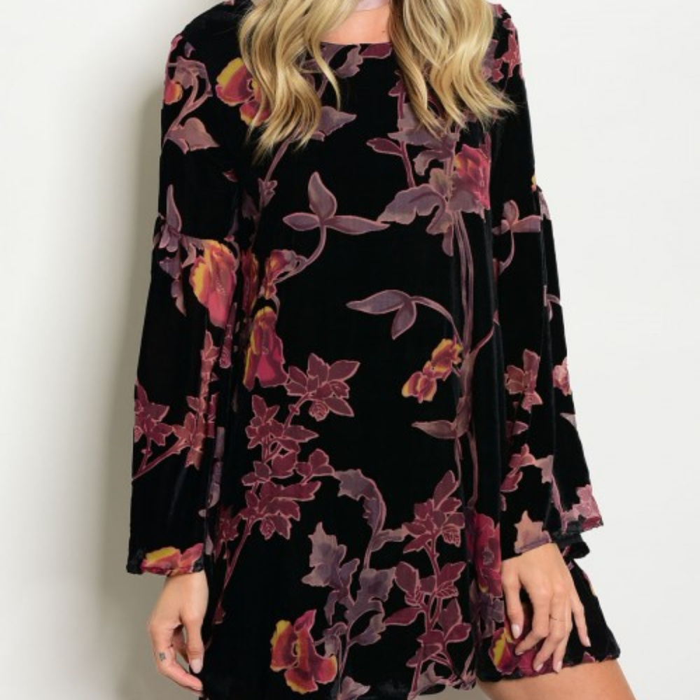 LAST 1BLACK VELVET FLORAL PRINT DRESS - Picture 2 of 4