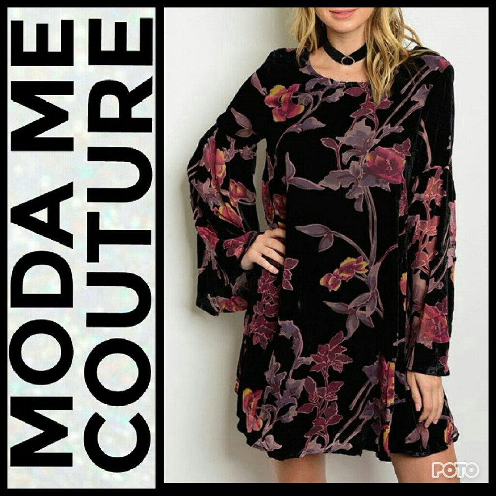 LAST 1BLACK VELVET FLORAL PRINT DRESS - Picture 3 of 4