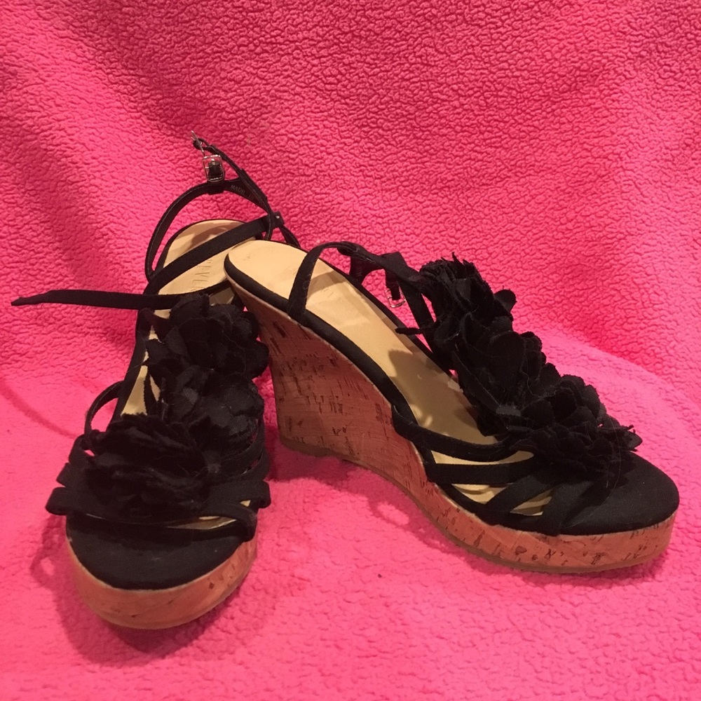 F21 Black Floral Cork Strapy Wedges