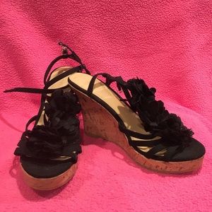F21 Black Floral Cork Strapy Wedges