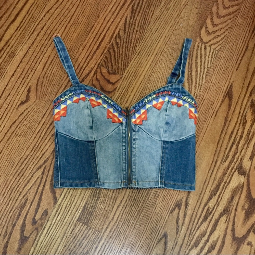 Embroidered denim bustier crop top