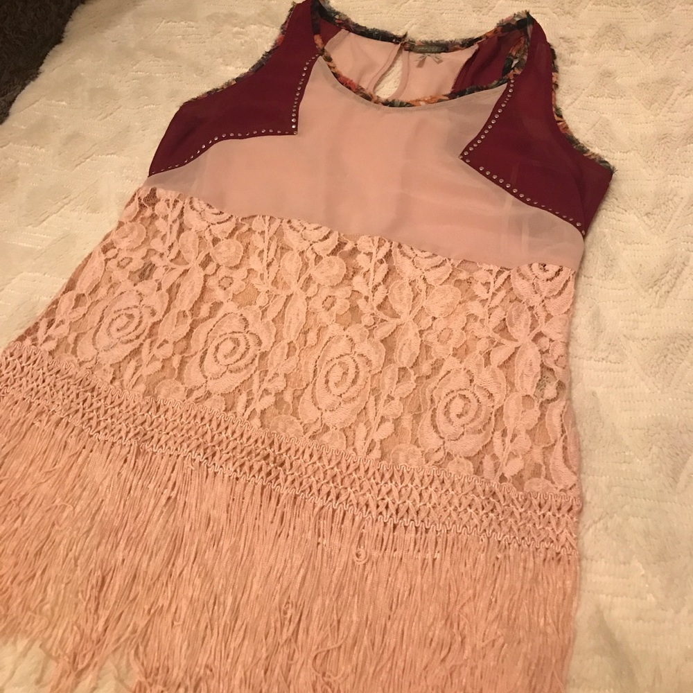 BKE sheer lace and fringe chiffon shirt