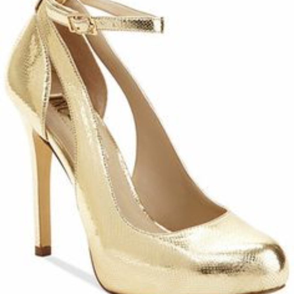 Inc gold snakeskin heels