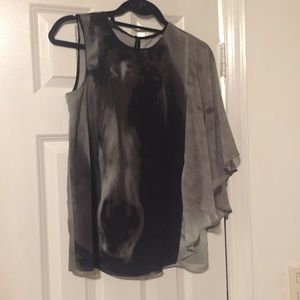 ZARA asymmetric sleeve graphic print chiffon top