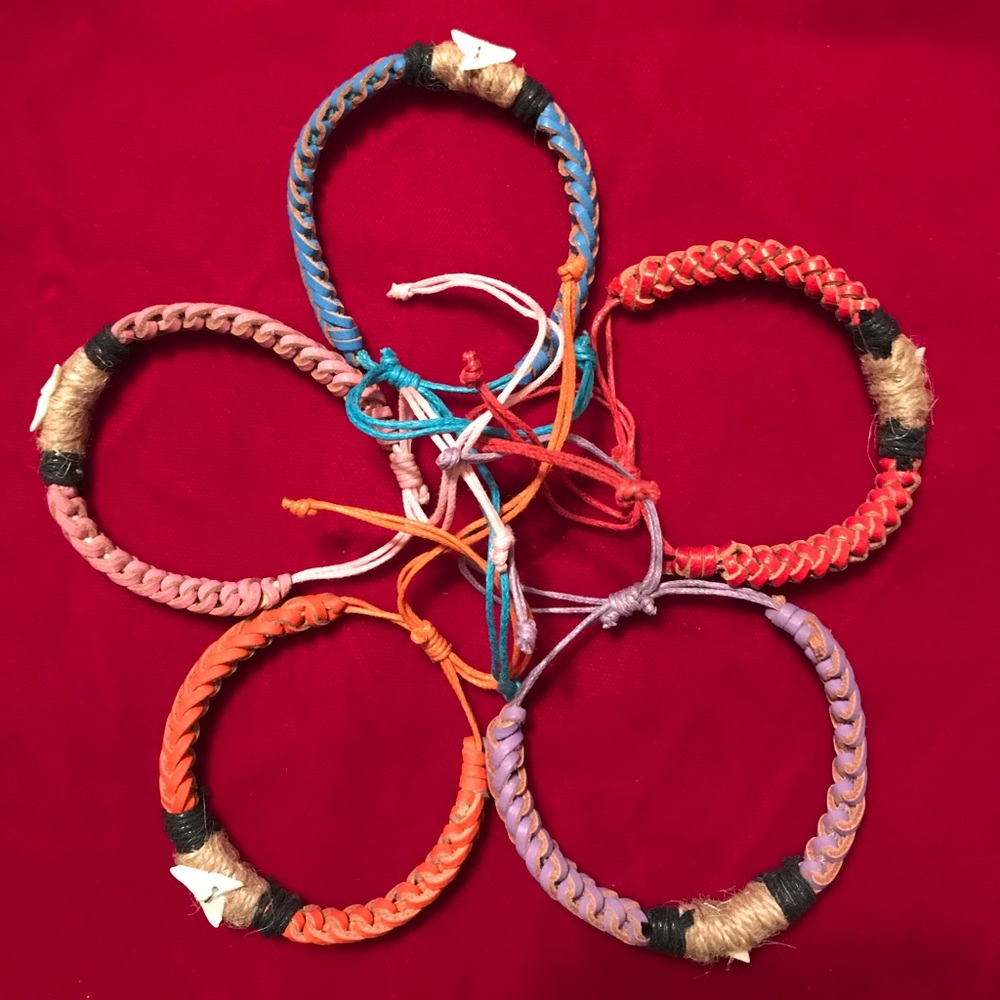 5 Shark's Tooth & Woven Leather Bracelets