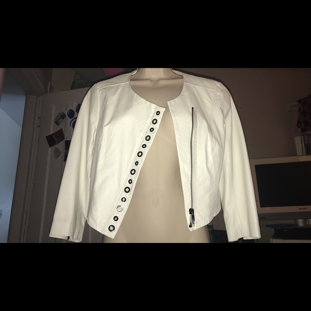 Bebe cropped white leather jacket